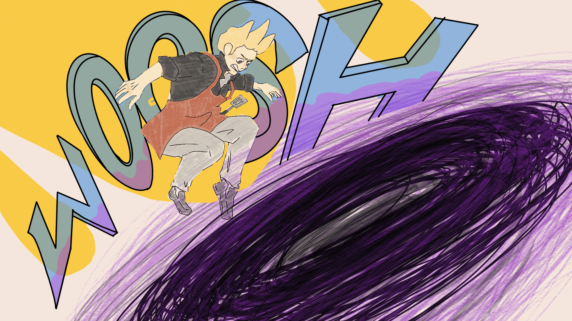 A fixed storyboard of the main character of Five Guys: Restaurant Adventures jumping through Wendy Witch's portal to save his brothers!